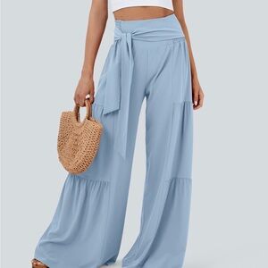 High waisted tie front & back wide leg breezy pants